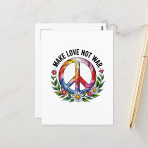 Postal Haz el amor, no la guerra, el signo de la paz y la