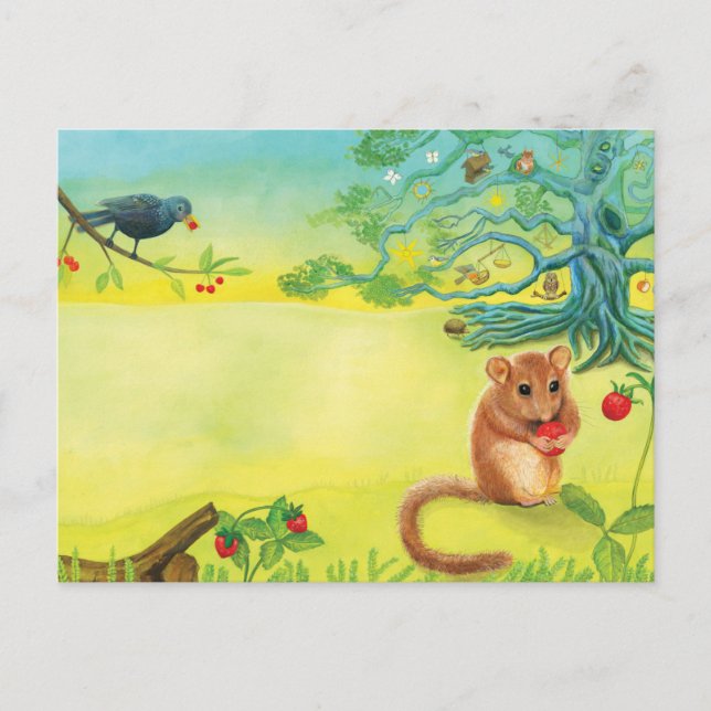 Postal Hazel Dormouse comiendo fresa silvestre (Anverso)