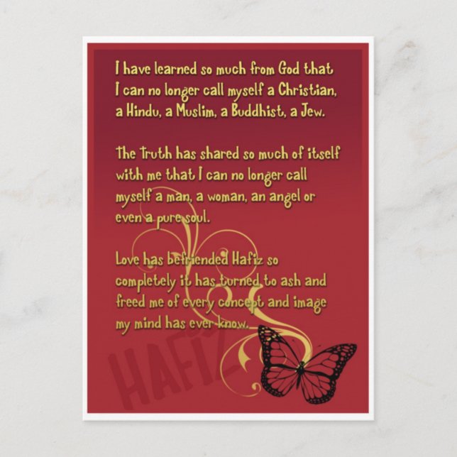 Postal He aprendido mucho del poema de Dios de Hafiz (Anverso)