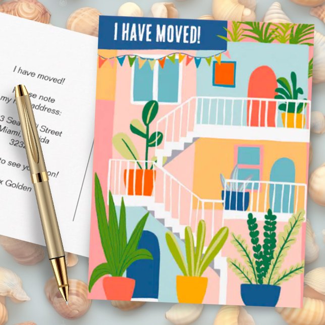 Postal He cambiado de dirección apartamento tropical (Colorful apartment building moving announcement address change custom postcard - add your own text)