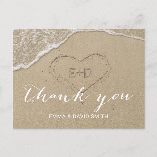 Postal Heart in the Sand Beach Wedding Gracias (Anverso)