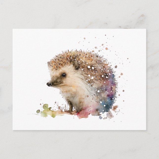 Postal Hedgehog acuarela con colores cálidos (Anverso)