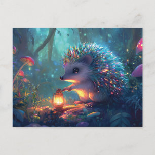 Postal Hedgehog caprichoso y linterna en un bosque encant