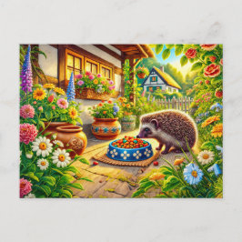 Postal Hedgehog con comida para gato en la terraza