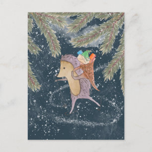 Postal Hedgehog en esquís. Cesta con regalo en el hombro