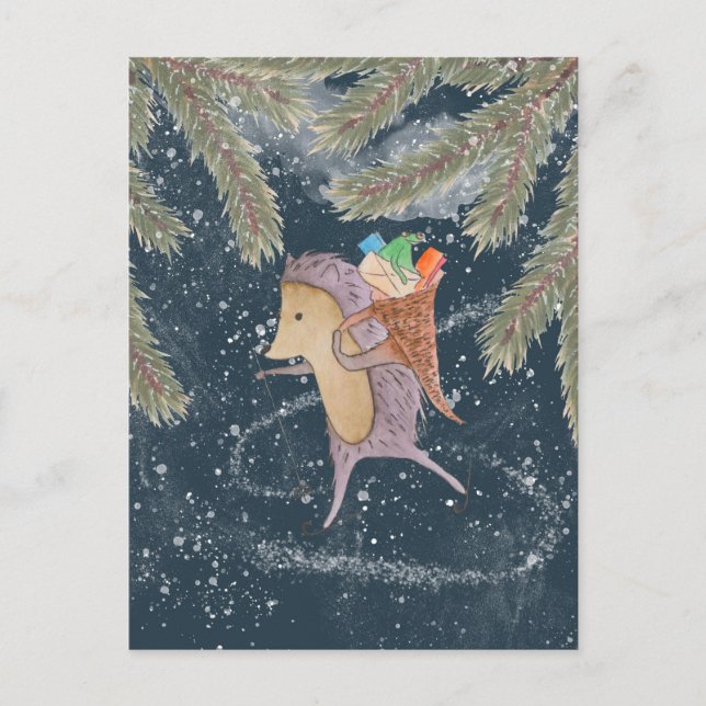 Postal Hedgehog en esquís. Cesta con regalo en el hombro (Anverso)