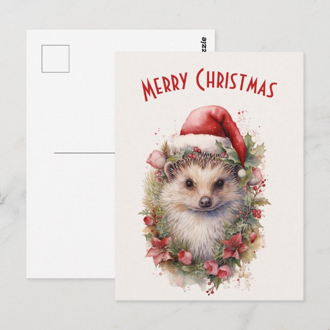Postal Hedgehog en un Navidad de Santa Hat Red Poinsettia (Anverso / Reverso)