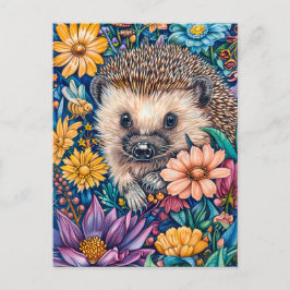 Postal Hedgehog en una cama de flores floreciente