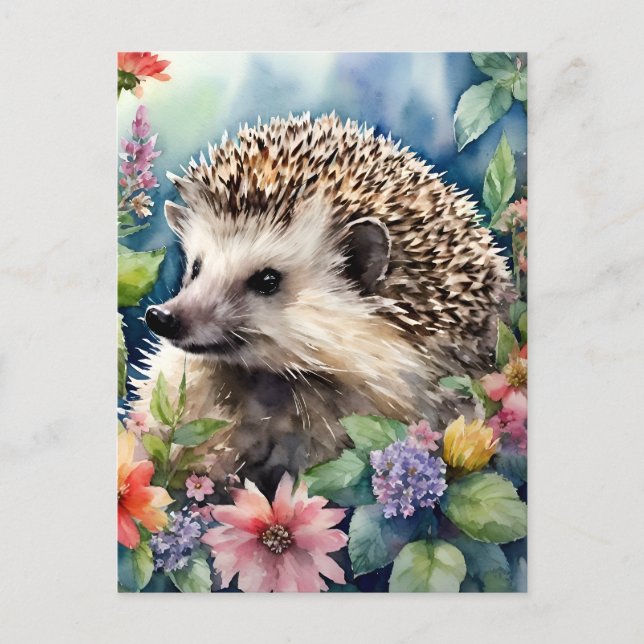 Postal Hedgehog Floral Watercolor (Anverso)