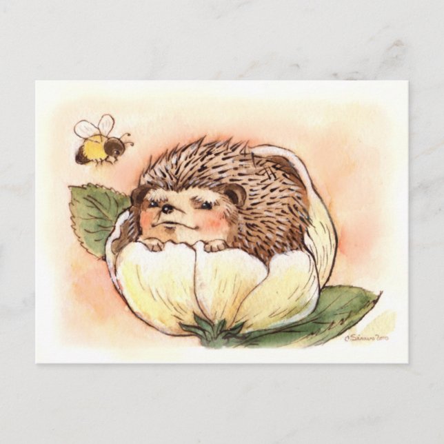 Postal Hedgehog Flower Baby Watercolor (Anverso)