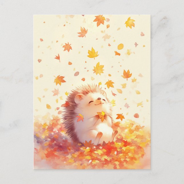 Postal Hedgehog Holding Yellow Autumn Maple Leaf (Anverso)