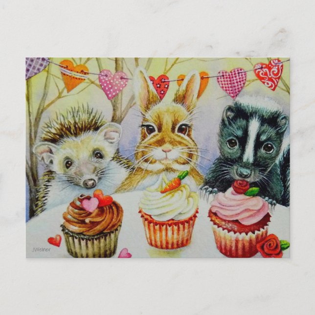 Postal Hedgehog Rabbit Skunk & Cupcakes Watercolor Art (Anverso)
