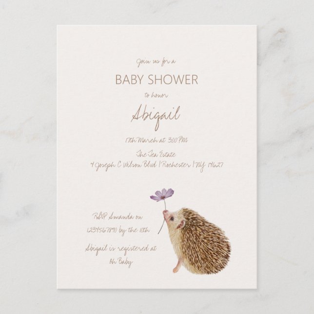 Postal Hedgehog Woodland Forest Baby Shower (Anverso)