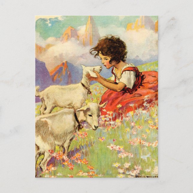 Postal "Heidi y sus cabras" por Jessie Willcox Smith (Anverso)