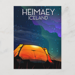 Postal Heimaey, tierra, poster de vacaciones de camping.