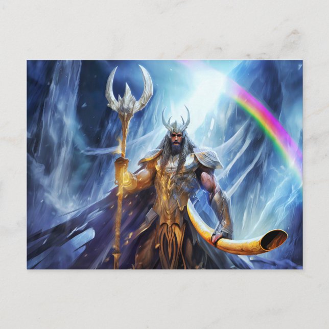 Postal Heimdall and horn Gjallarhorn at bifrost bridge (Anverso)