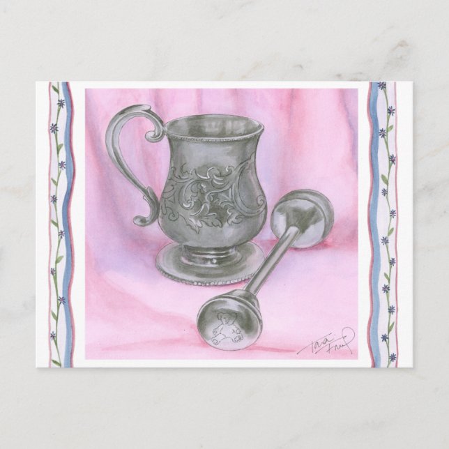 Postal Heirloom Cup y Rattle con fondo morado (Anverso)