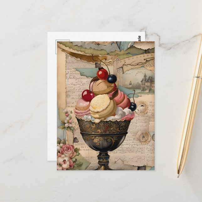 Postal Helado Sundae Collage Vintage (Anverso/Reverso In Situ)
