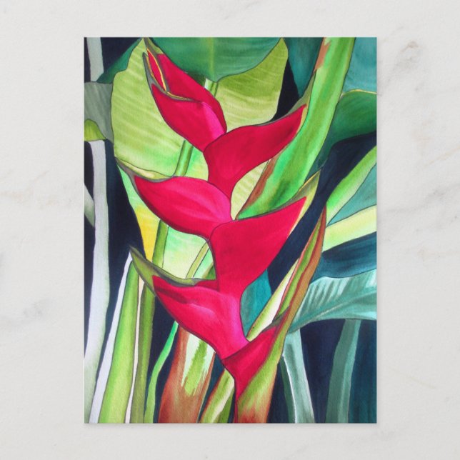 Postal Heliconia Lobster Claw flor de acuarcolía tropical (Anverso)