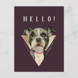 Postal HELLO Purple Gold Pitbull Puppy Watercolor