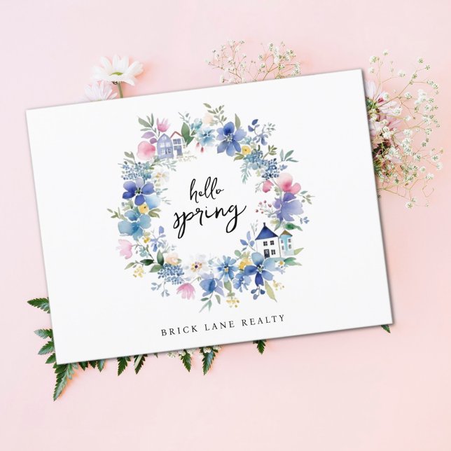 Postal Hello Spring Floral House Wreath Real Estate (Hello Spring Real Estate Postcard)