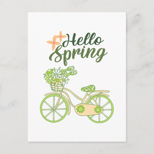 Postal Hello Spring Vintage Bicycle Illustration  (Anverso)