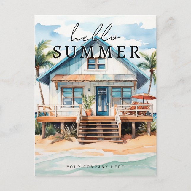 Postal Hello Summer Watercolor Beach House Realty (Anverso)