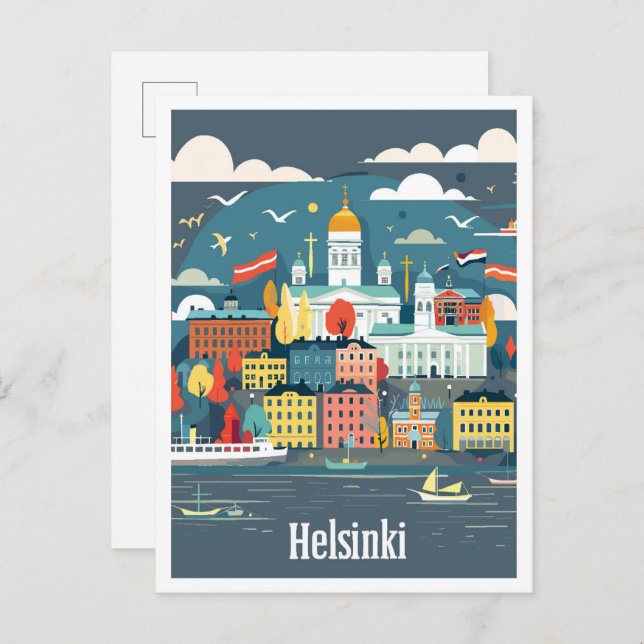 Postal Helsinki Finlandia Ilustracion de viajes de arte (Anverso / Reverso)