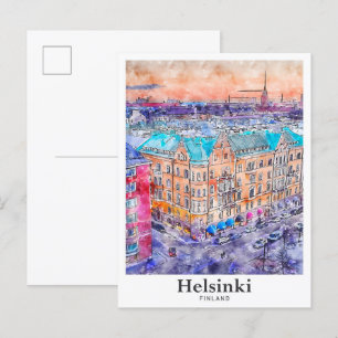 Postal Helsinki Finlandia Mano de agua de viaje dibujada