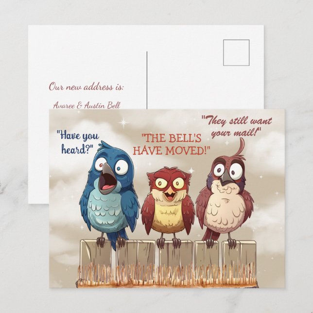 Postal Hemos movido aves divertidas en la cerca (Anverso / Reverso)