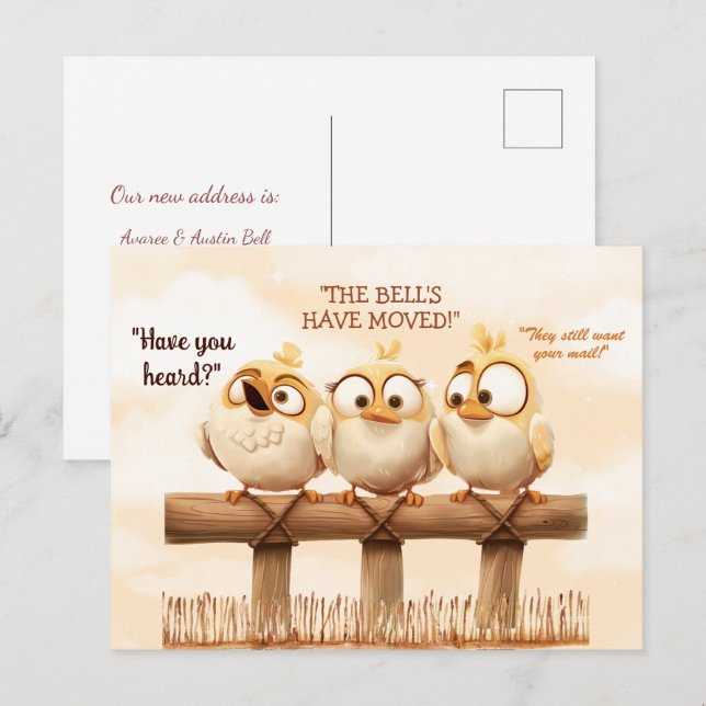 Postal Hemos movido aves divertidas en la cerca (Anverso / Reverso)