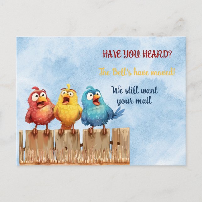 Postal Hemos movido aves divertidas en la cerca (Anverso)