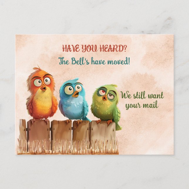 Postal Hemos movido aves divertidas en la cerca (Anverso)