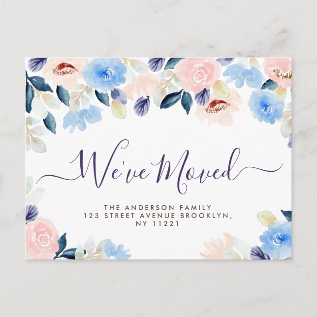 Postal Hemos movido guion azul pastel floral Nuevo hogar (Anverso)