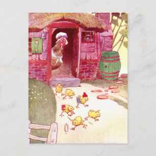 Postal Hen en casa rosa viendo chichas