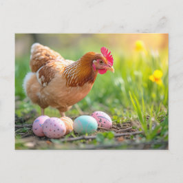 Postal Hen Next to Easter Nest with Colorful Eggs