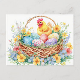 Postal Hen stands beside an Easter nest filled with eggs