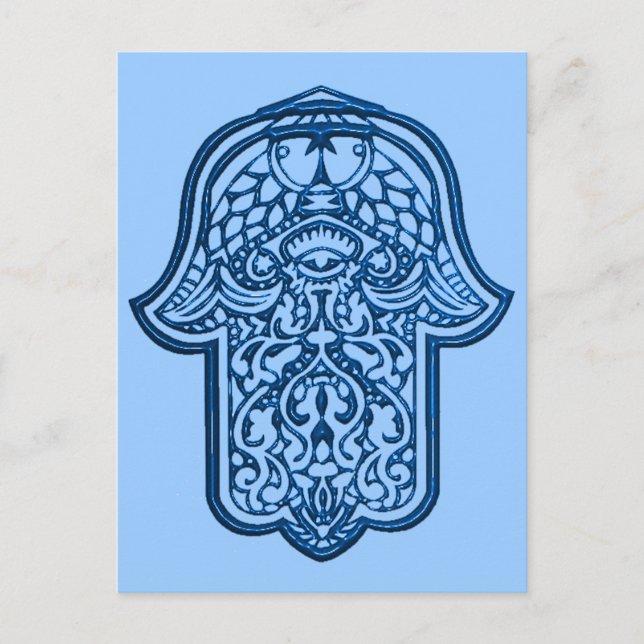 Postal Henna Hand de Hamsa (Azul) (Anverso)