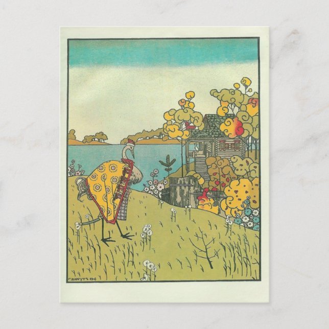 Postal Heorhiy Narbut- 'La grulla y la garza. Oso'. (Anverso)