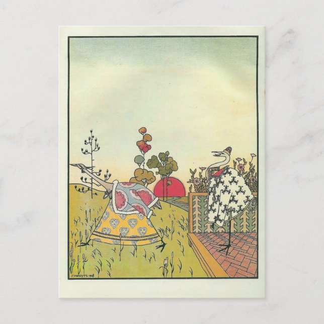 Postal Heorhiy Narbut- 'La grulla y la garza. Oso'. (Anverso)