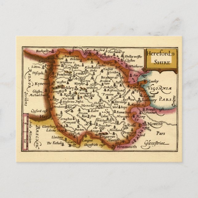 Postal Herefordshire County England Mapa anticuario antig (Anverso)