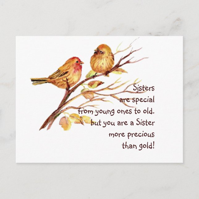 Postal Hermana amorosa inspiradora dice con pájaros comes (Anverso)
