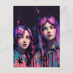 Postal Hermanas Con Pelo Púrpura