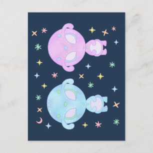 Postal Hermanas Gemelas Alien Pasel   Arte Kawaii Cósmico