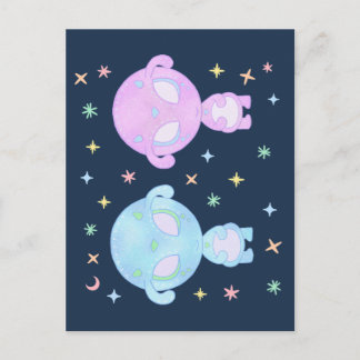 Postal Hermanas Gemelas Alien Pasel | Arte Kawaii Cósmico