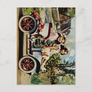 Postal Hermanas niñas en arte de acuarela antigua de coch