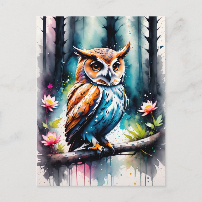 Postal Hermosa acuarela Splash Style Owl (Anverso)