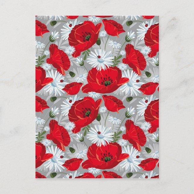 Postal Hermosa amapola roja, margarita blanca y mariquita (Anverso)