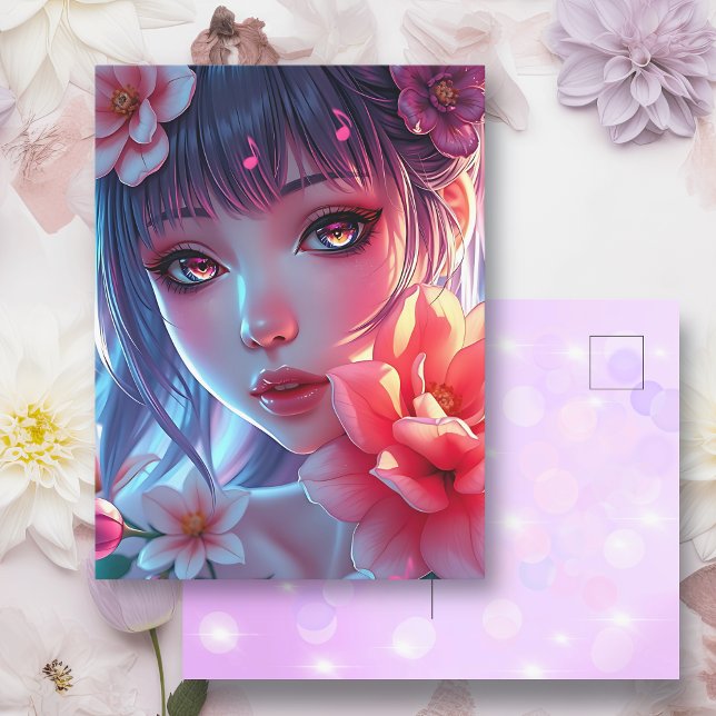 Postal Hermosa Anime Chica Glitchcore Floral (Subido por el creador)