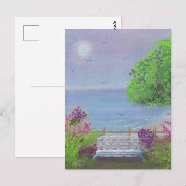 Postal Hermosa Área de Asientos Floral junto al Mar (Anverso / Reverso)